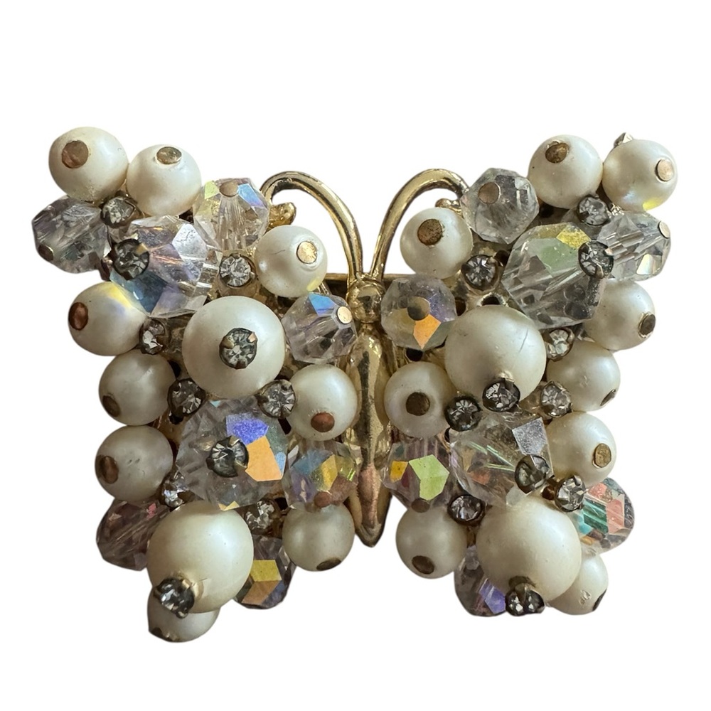 Vintage Gold Tone Layered Faux Pear and Aurora Borealis Butterfly Brooch